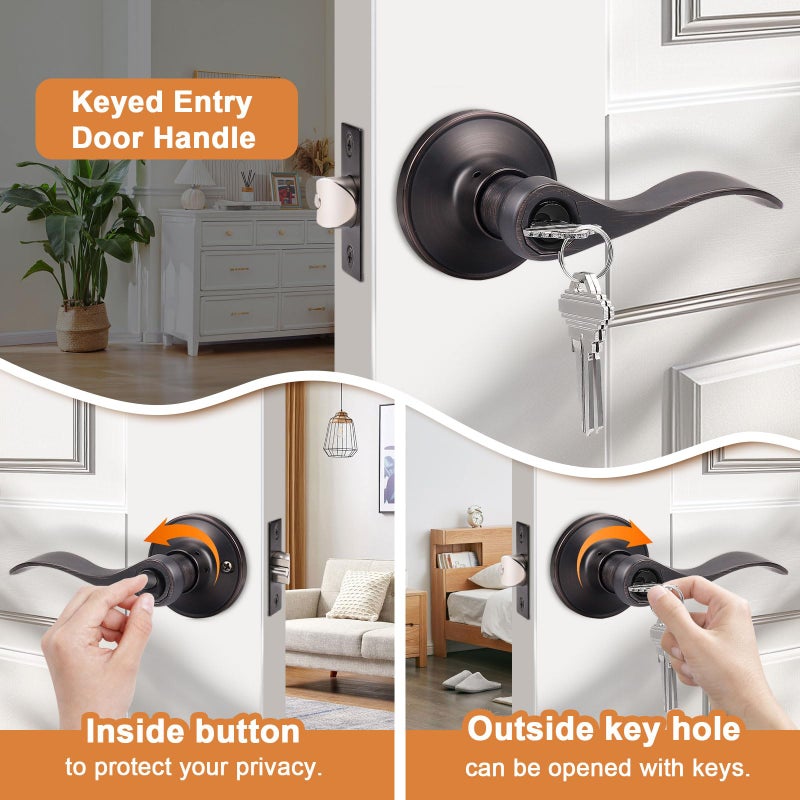 Probrico Oil Rubbed Bronze Door Lockset Hardware Keyed Alike Entry Entrance Door Lever Handles One Keyway (3 Pack) - Image 3